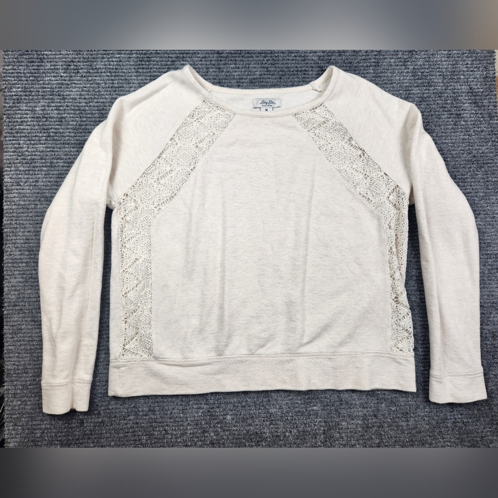 LUCKY BLISS Top Womens M LUCKY BRAND Cream Beige Lace Detail French Terry